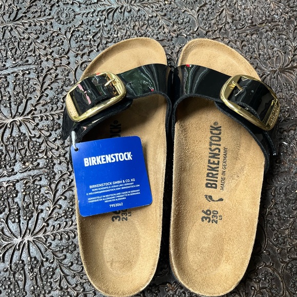 BIRKENSTOCK MADRID BIG BUCKLE PATENT SANDALS IN BLACK 36 5 - Picture 10 of 12